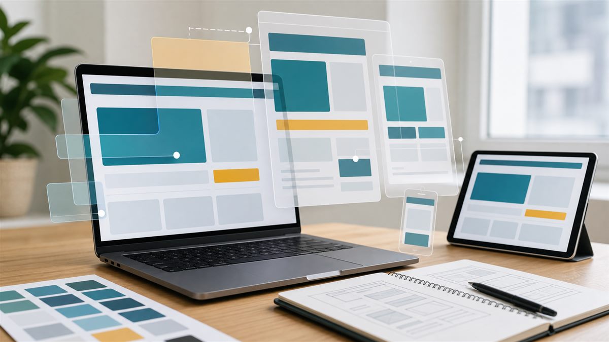 CSS moderno com interface responsiva e camadas visuais em tela de notebook