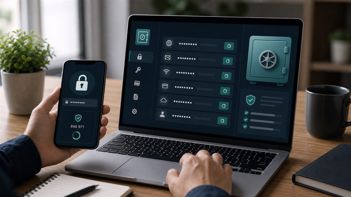 gerenciador de senhas em tela segura com cadeado digital e celular