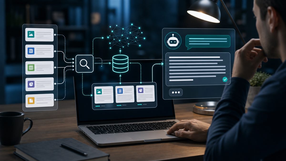 RAG em IA conectando busca de documentos e geração de resposta contextual