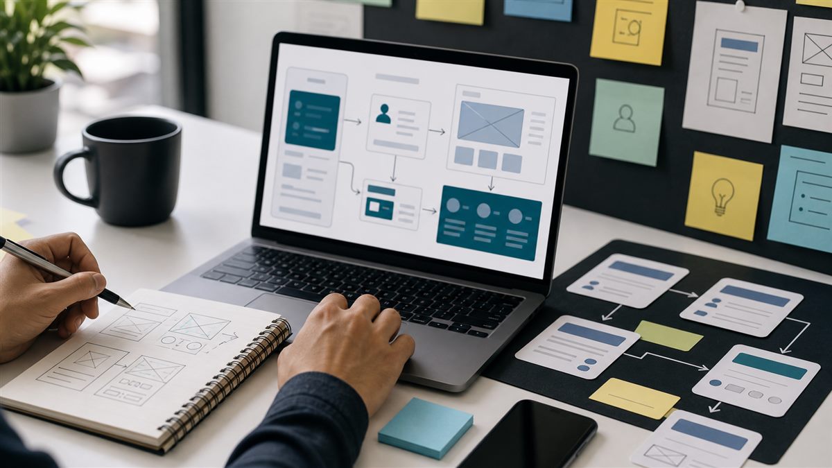 UX para desenvolvedores com wireframes e interface em notebook