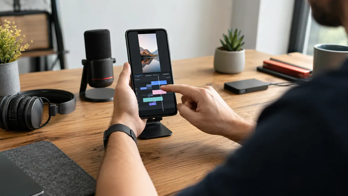 Criador editando um vídeo vertical em um aplicativo no celular