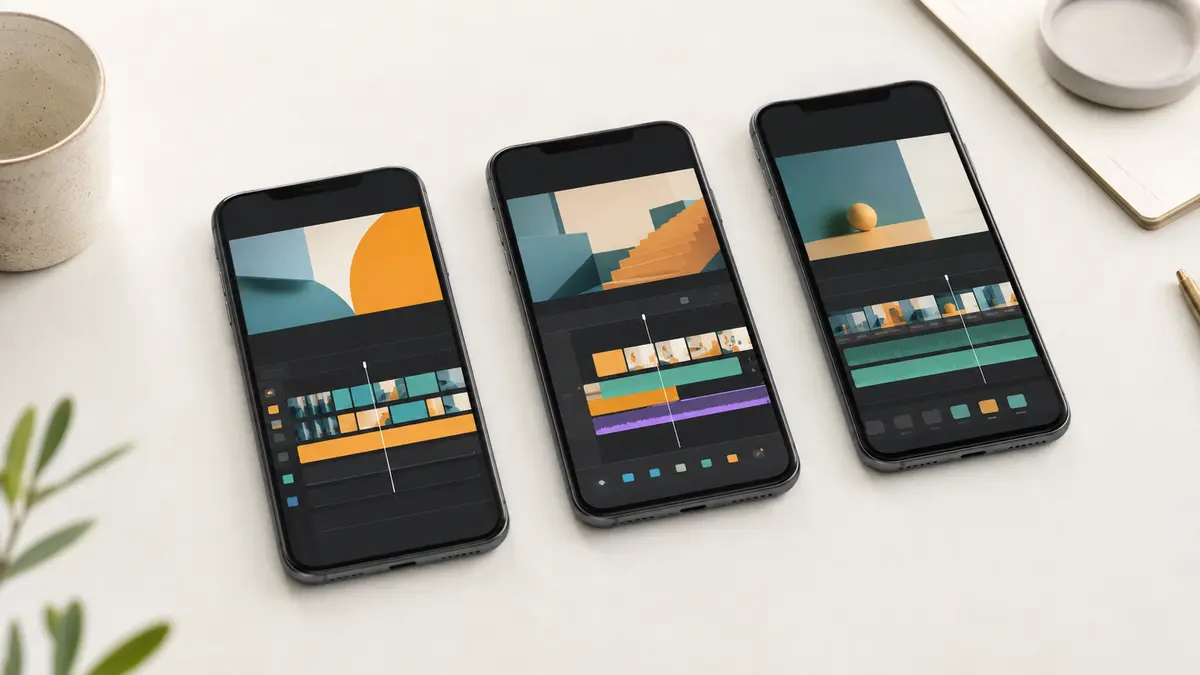 Três celulares com diferentes fluxos de edição de vídeo para comparação