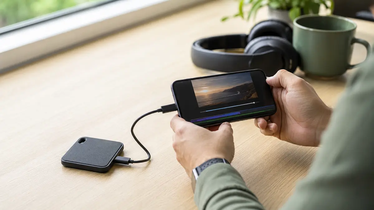 Celular conectado a armazenamento externo durante a edição de vídeo