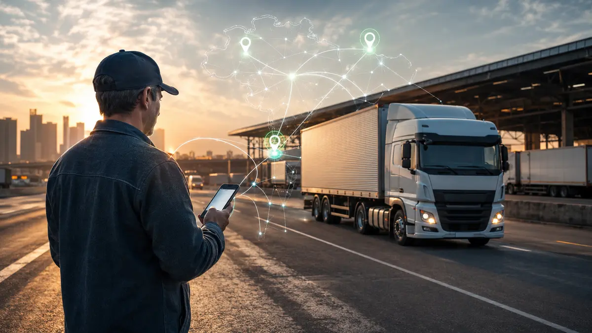 Motorista de caminhão usando plataforma digital para encontrar cargas e rotas de frete