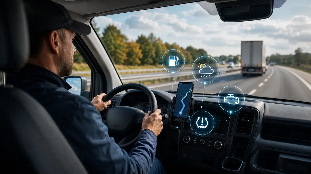 Motorista usando navegação e recursos digitais de combustível, clima e manutenção com segurança