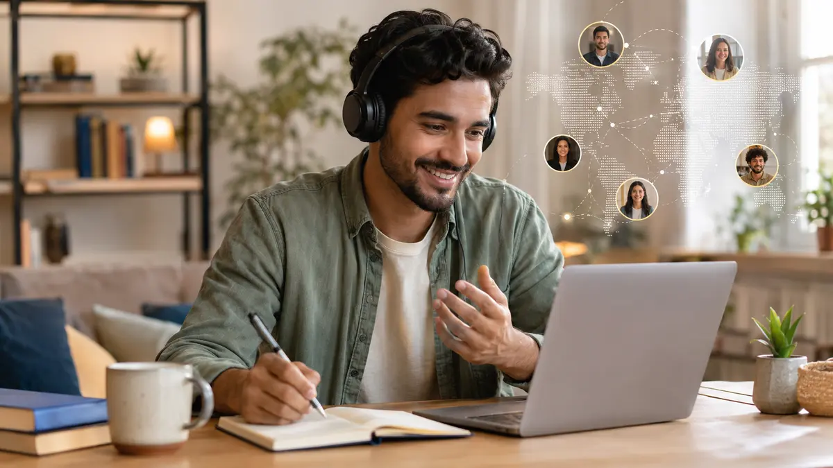 Pessoa praticando inglês com fones, computador e caderno