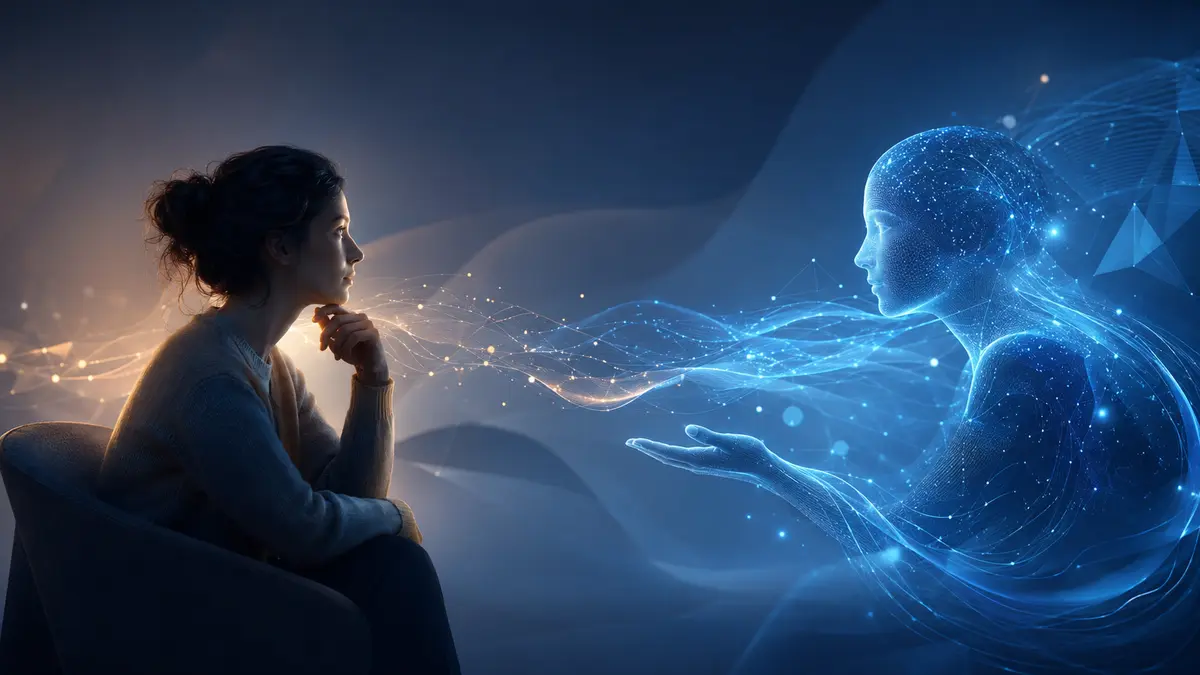 Pessoa dialogando com uma representação abstrata de inteligência artificial conversacional
