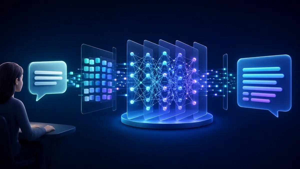 Pergunta sendo processada por uma rede de inteligência artificial até formar uma resposta
