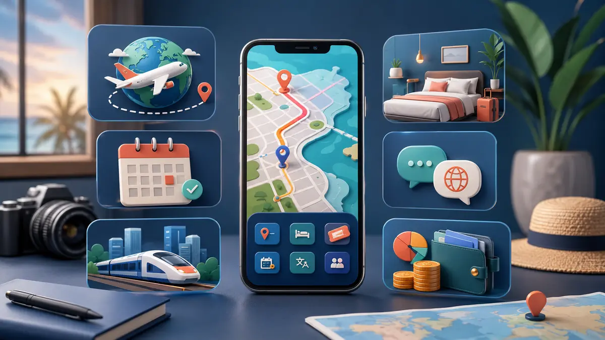 Celular reunindo aplicativos para mapas, itinerários, hospedagem, tradução e despesas