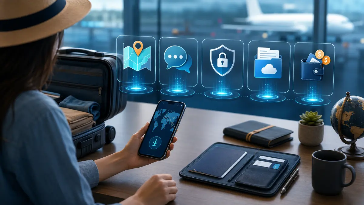 Viajante preparando mapas offline, documentos, reservas e controle de gastos no celular