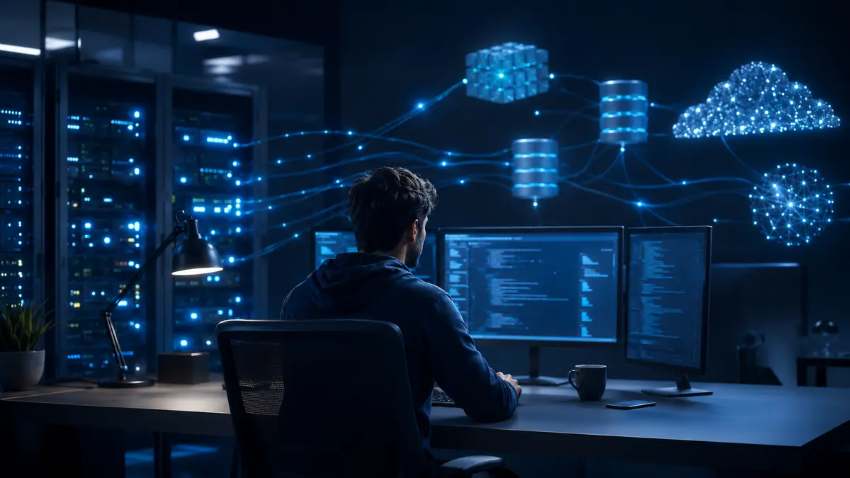 Programador backend trabalhando em uma arquitetura com servidores, bancos de dados e APIs
