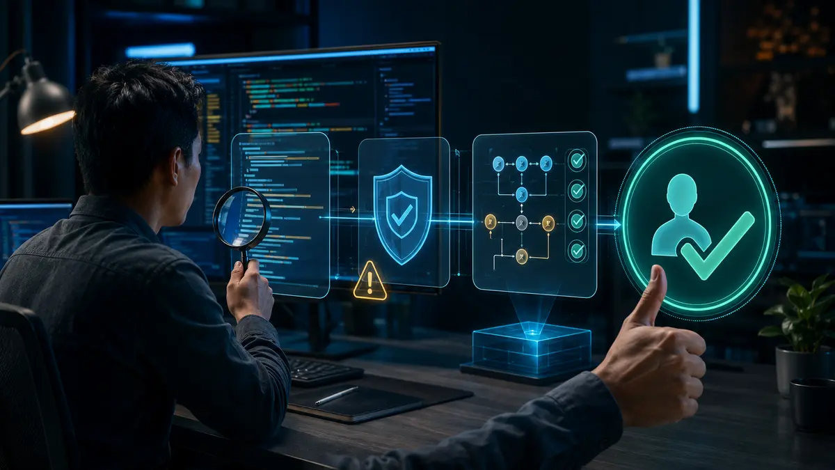 Programador revisando segurança e testes de código sugerido por inteligência artificial