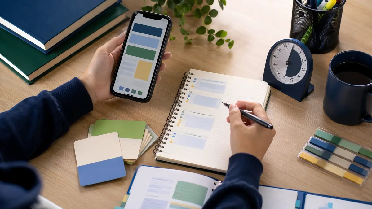 Organização da rotina de estudos para o ENEM com celular, agenda e materiais de revisão