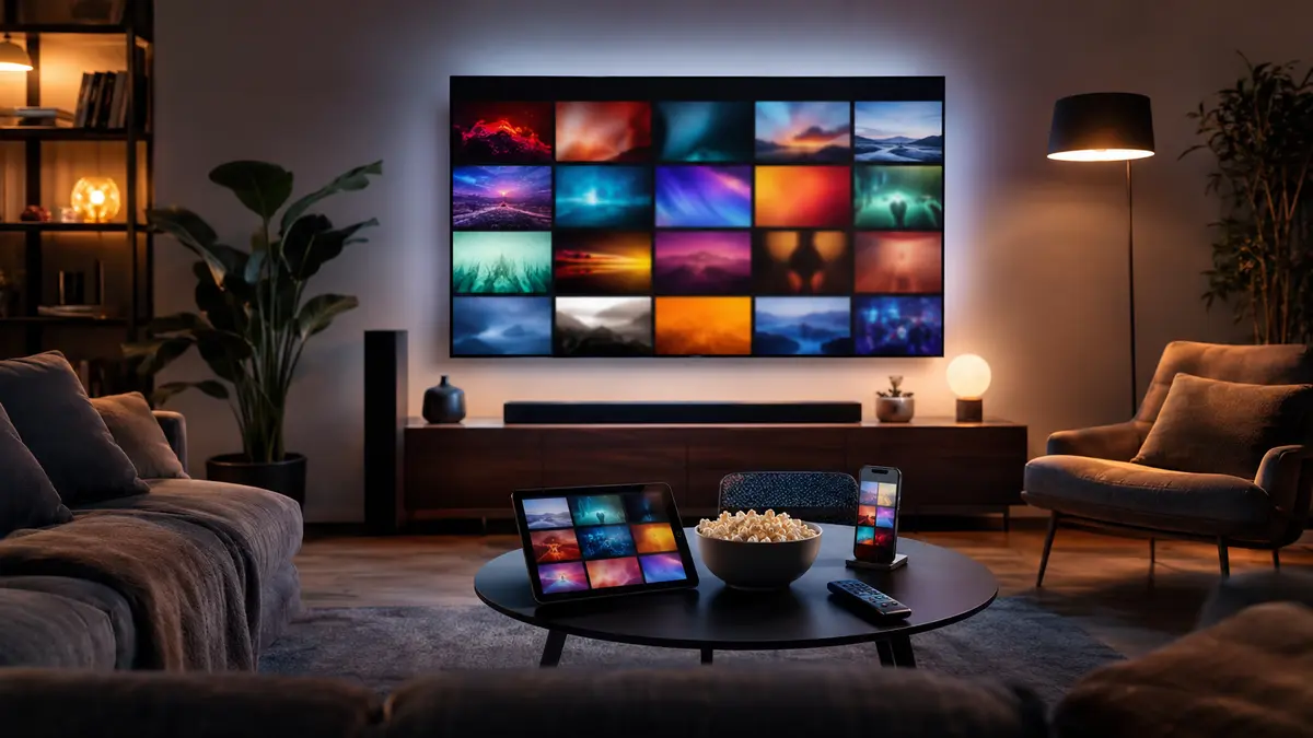 Sala com televisão e dispositivos exibindo opções abstratas de streaming