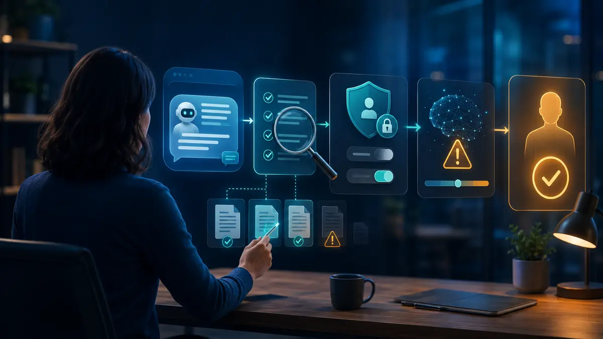 Pessoa verificando fontes, privacidade e incertezas em uma resposta de inteligência artificial