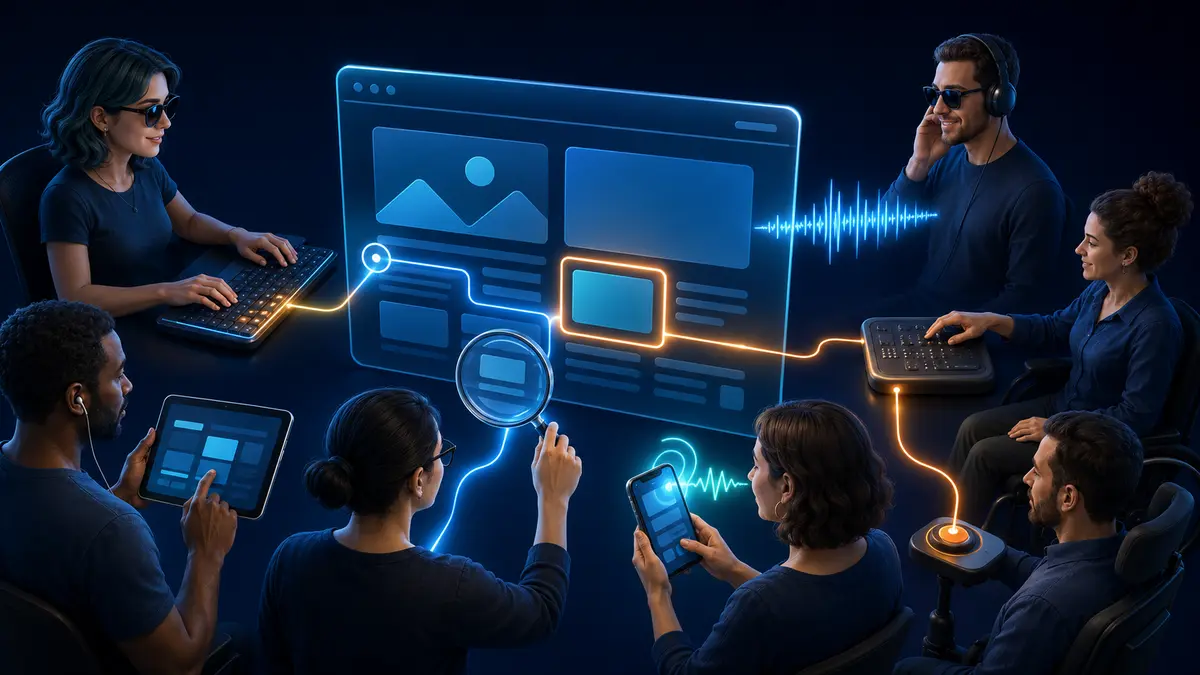 Pessoas acessando a mesma interface por teclado, ampliação, áudio, toque, comando de voz e acionador