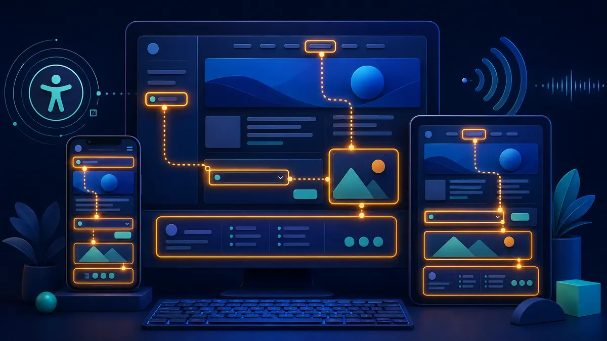 Caminho de foco navegando por regiões e controles de uma página responsiva em computador, tablet e celular