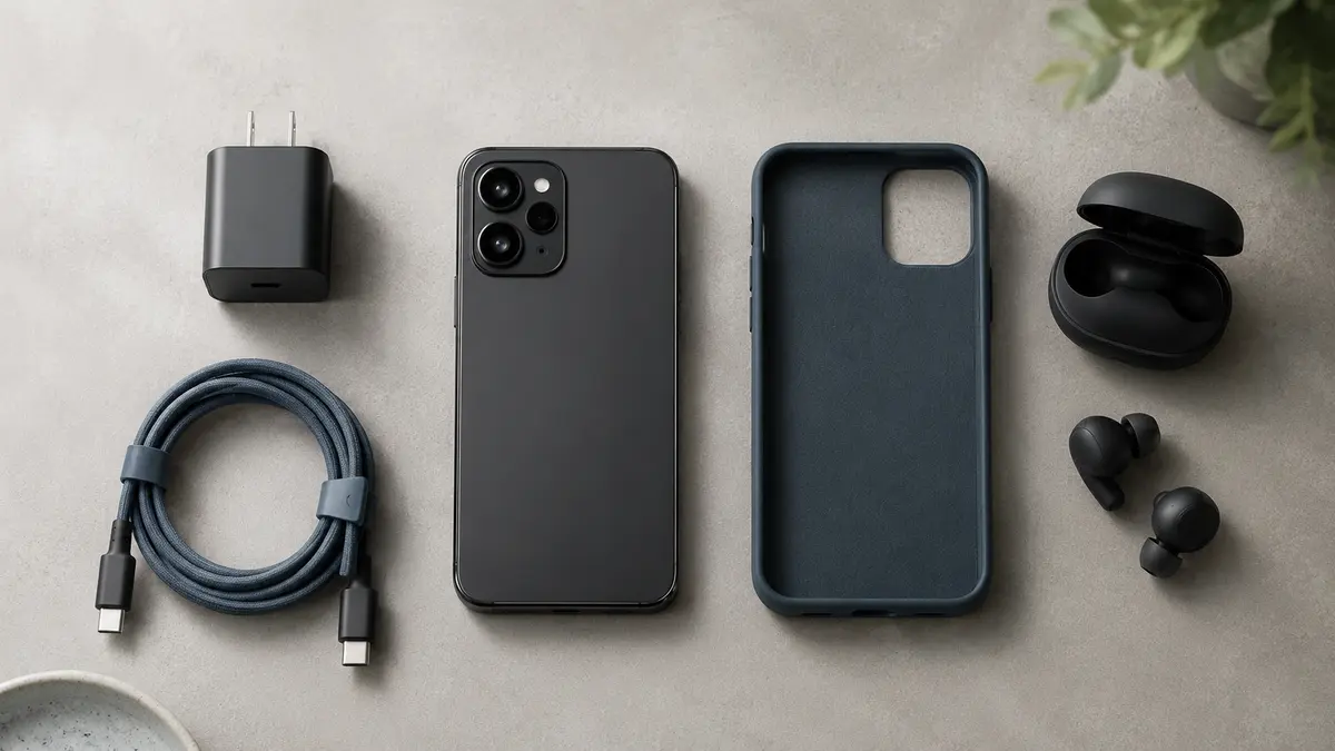 Celular com carregador, cabo, capa e fones organizados sobre uma mesa