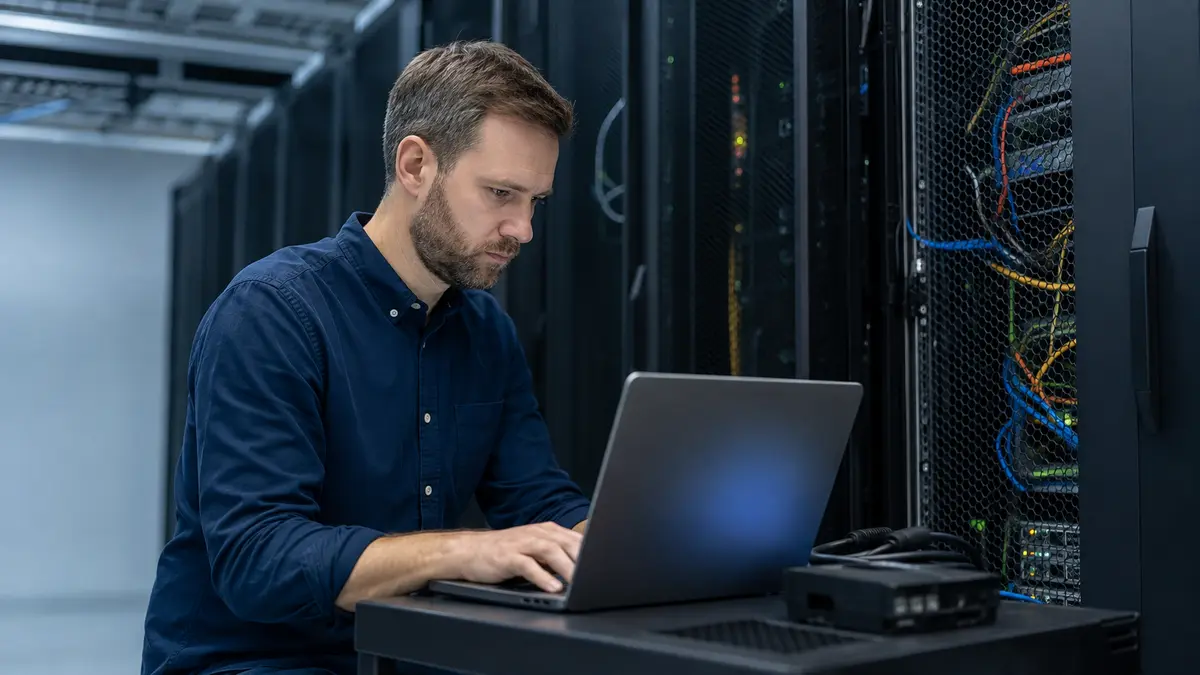 Administrador trabalhando em notebook ao lado de racks de servidores em um data center