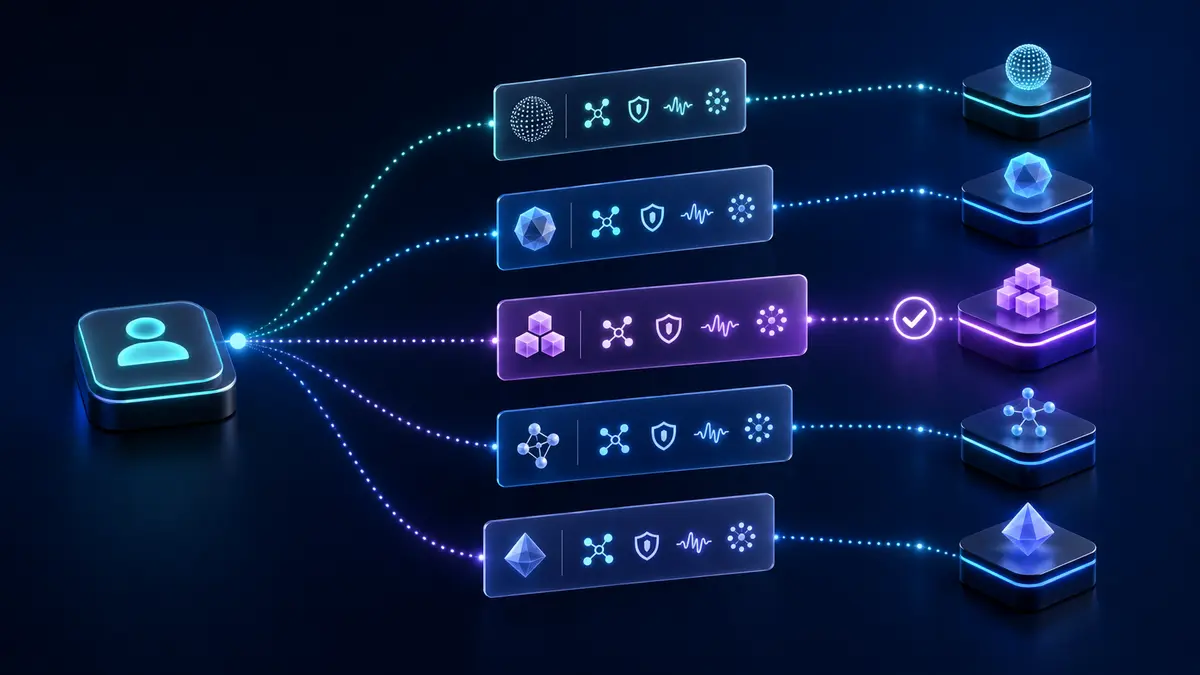 Cliente compara cartões simbólicos de capacidades e seleciona um agente especializado