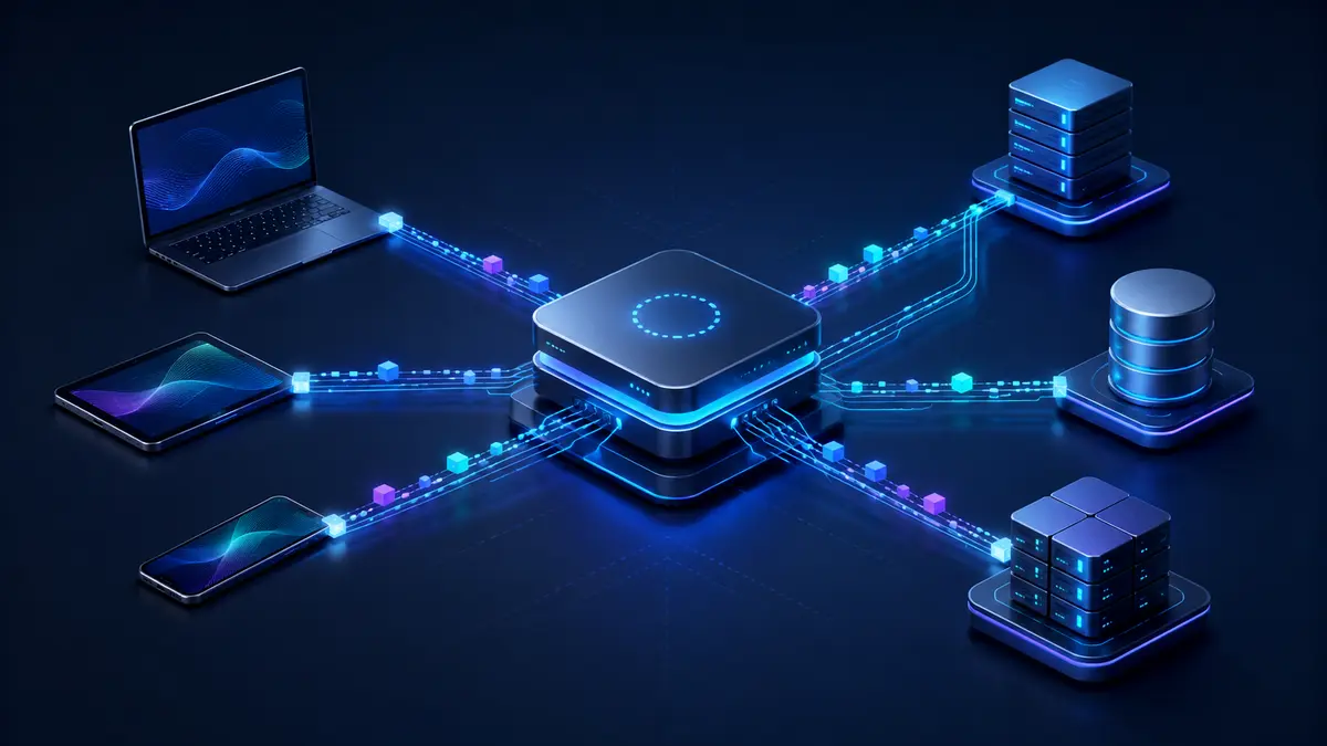 Clientes web e móvel conectados a recursos e servidores por uma interface de API organizada