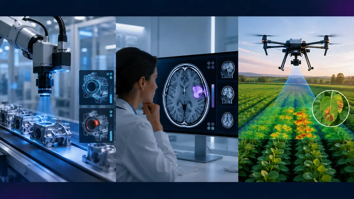 Visão computacional aplicada à inspeção industrial, apoio à análise médica e agricultura de precisão