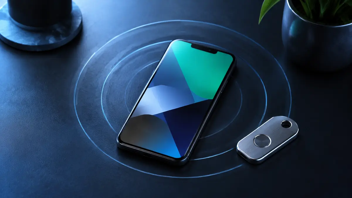 Celular com interface abstrata ao lado de um dispositivo de segurança sobre mesa escura
