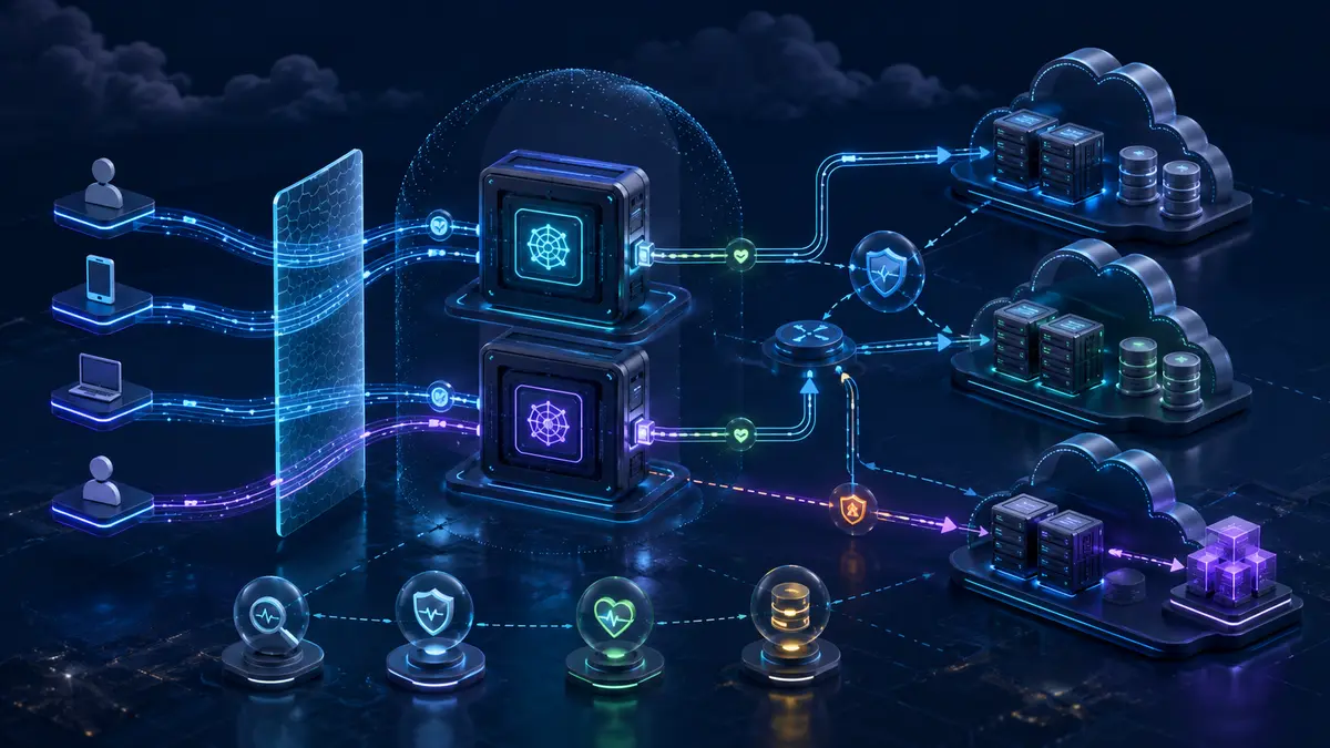 Gateways redundantes distribuem tráfego entre zonas com segurança, telemetria e liberação gradual de uma nova versão