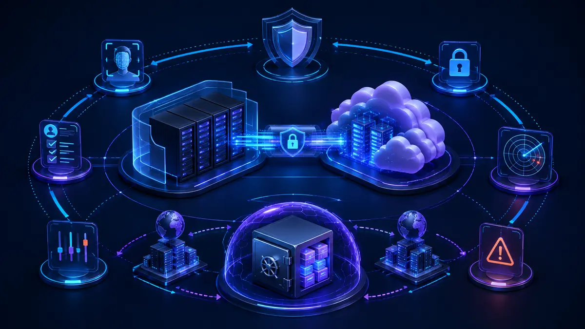 Arquitetura híbrida protegida por identidade, monitoramento, criptografia e backup