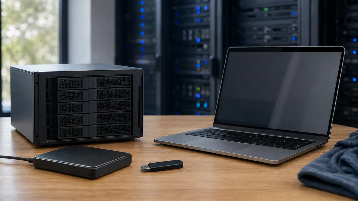 Servidor compacto, unidade de backup, chave de segurança e notebook em ambiente profissional