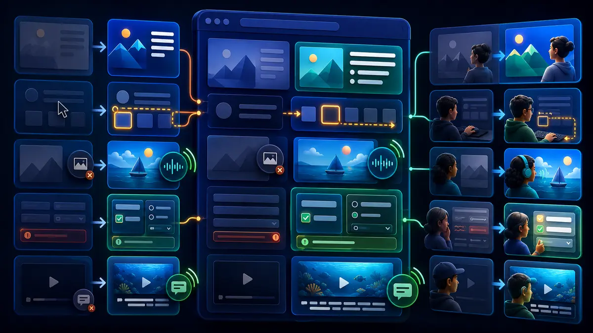 Interface comparando barreiras de contraste, teclado, imagens, formulários e vídeos com versões acessíveis