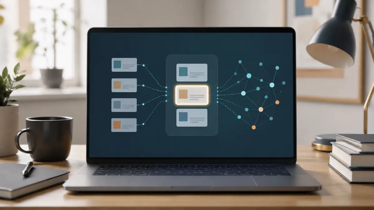Notebook mostrando dois fluxos abstratos de busca convergindo em documentos selecionados