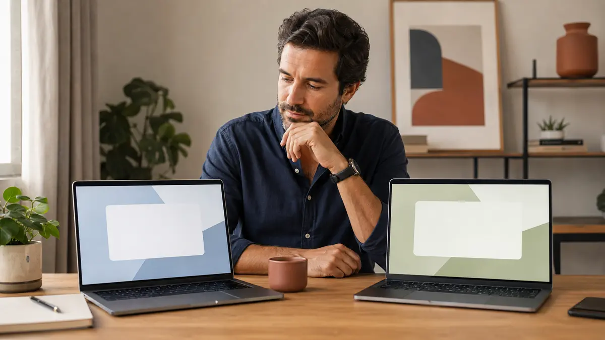 Profissional compara dois assistentes de IA em notebooks lado a lado