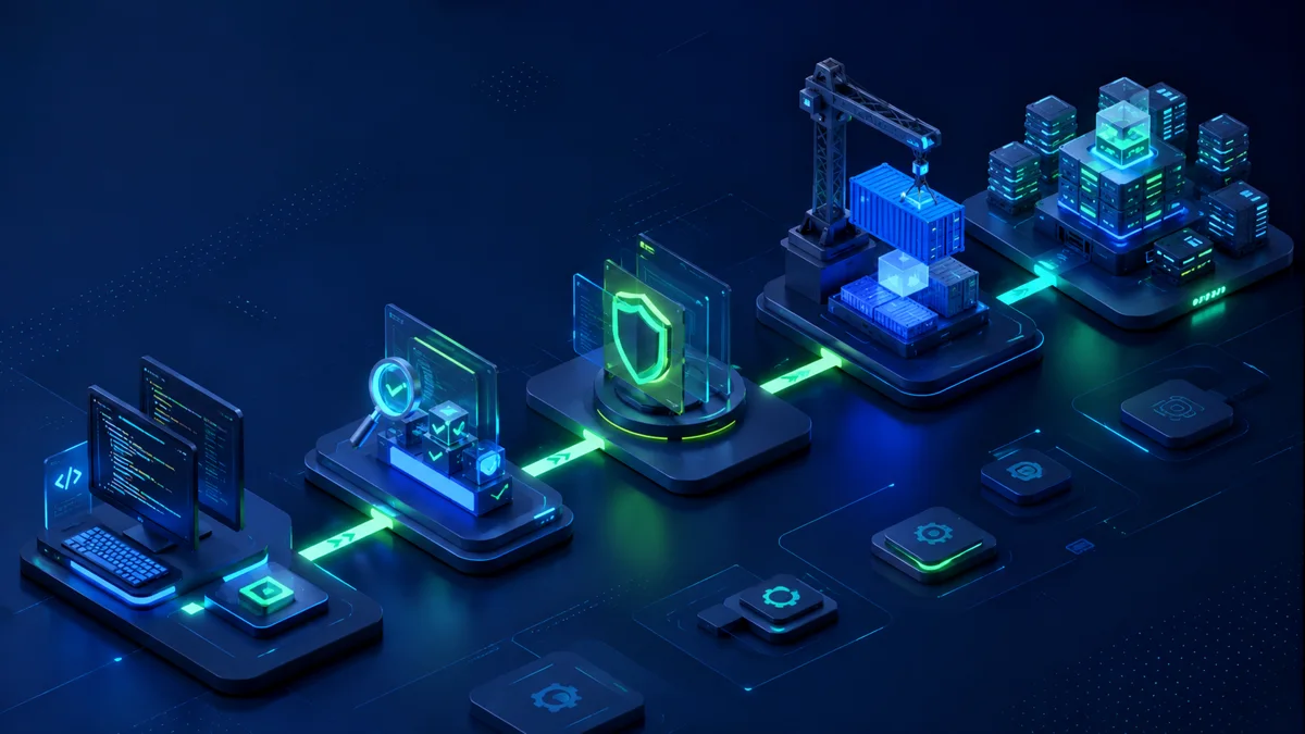 Pipeline de CI/CD conectando código, testes, artefato e produção