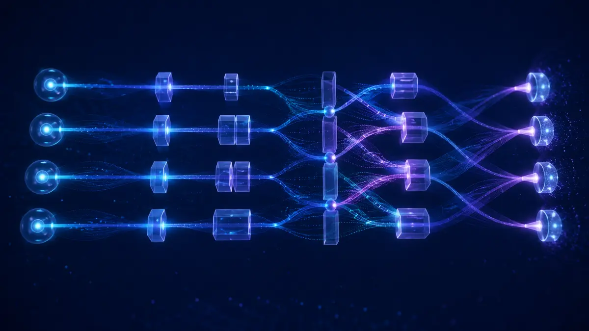 Representação abstrata de quatro caminhos de qubits em um circuito quântico