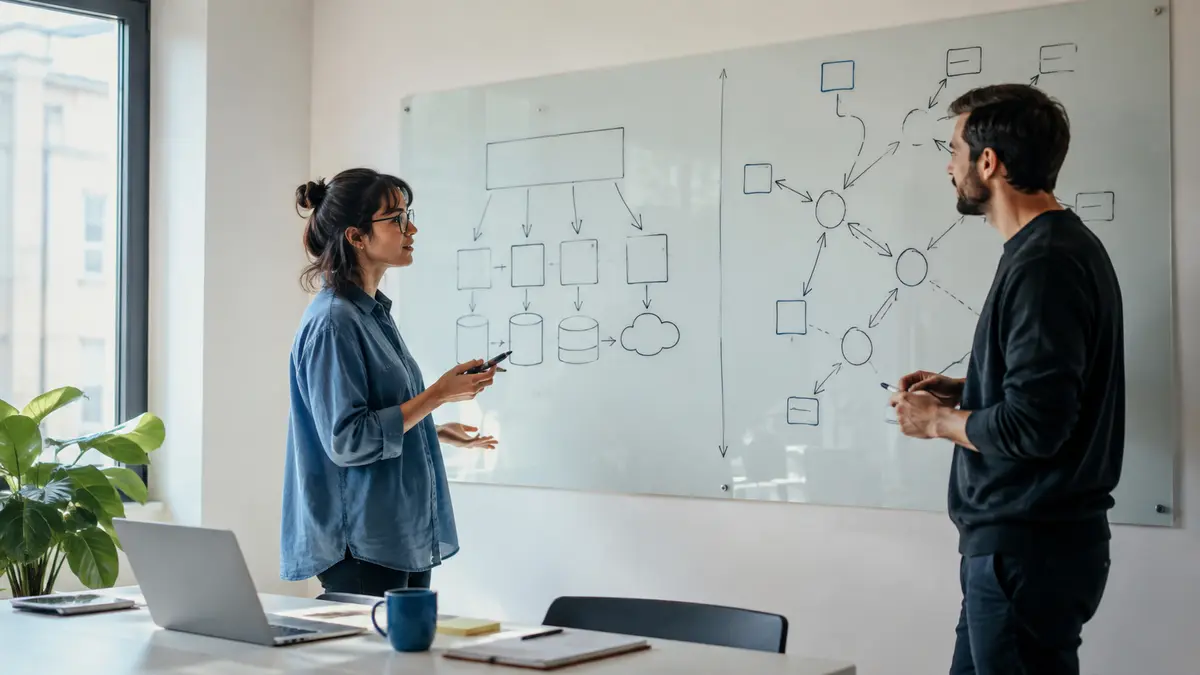 Profissionais comparando arquiteturas MCP e A2A em um quadro