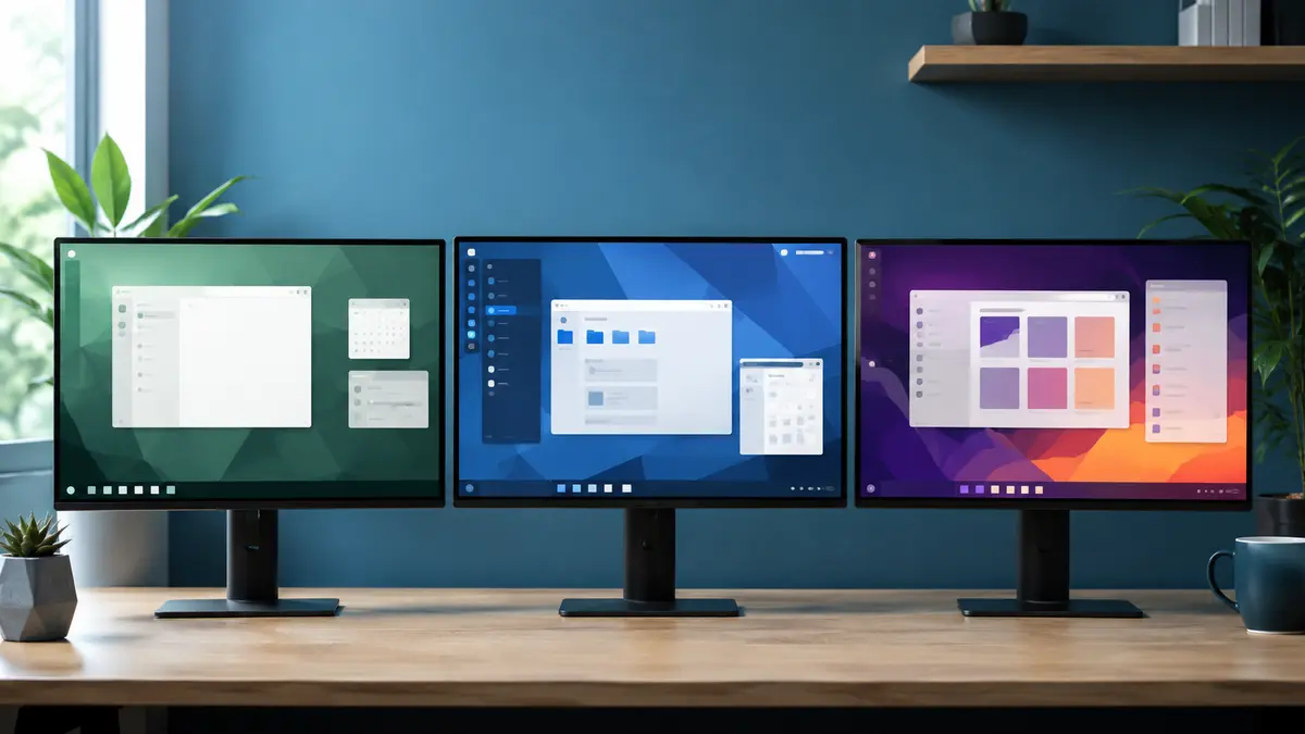 Três monitores exibindo ambientes de trabalho abstratos em cores diferentes