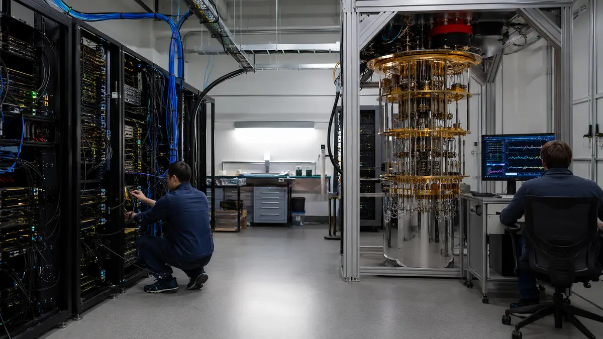 Laboratório com servidores clássicos conectados a um sistema quântico criogênico