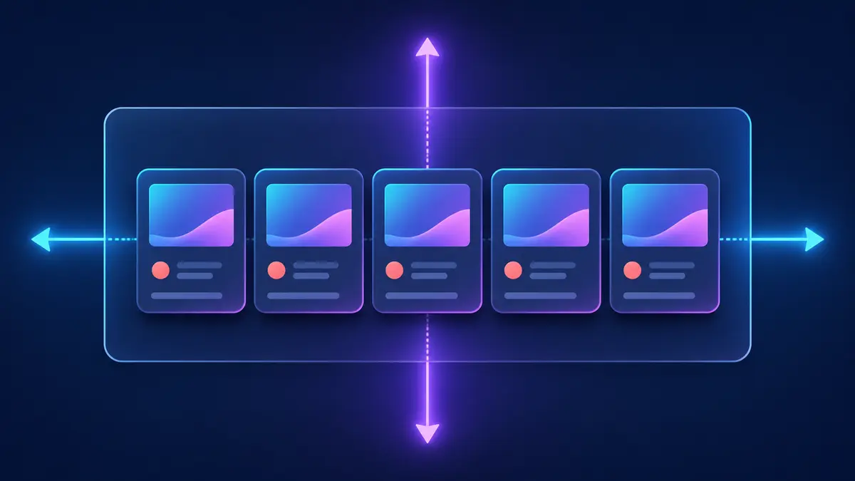 Cartões alinhados sobre dois eixos perpendiculares que representam o funcionamento do Flexbox