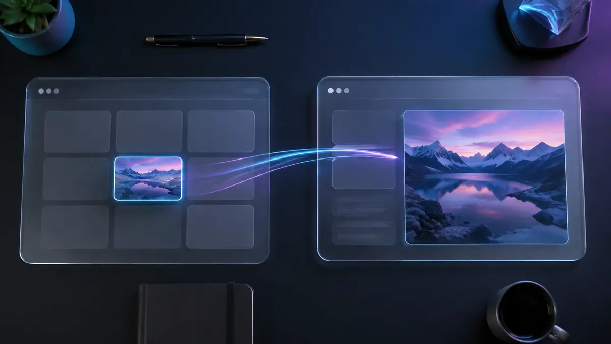 Elemento visual se movendo de uma grade para a página de detalhes durante uma transição