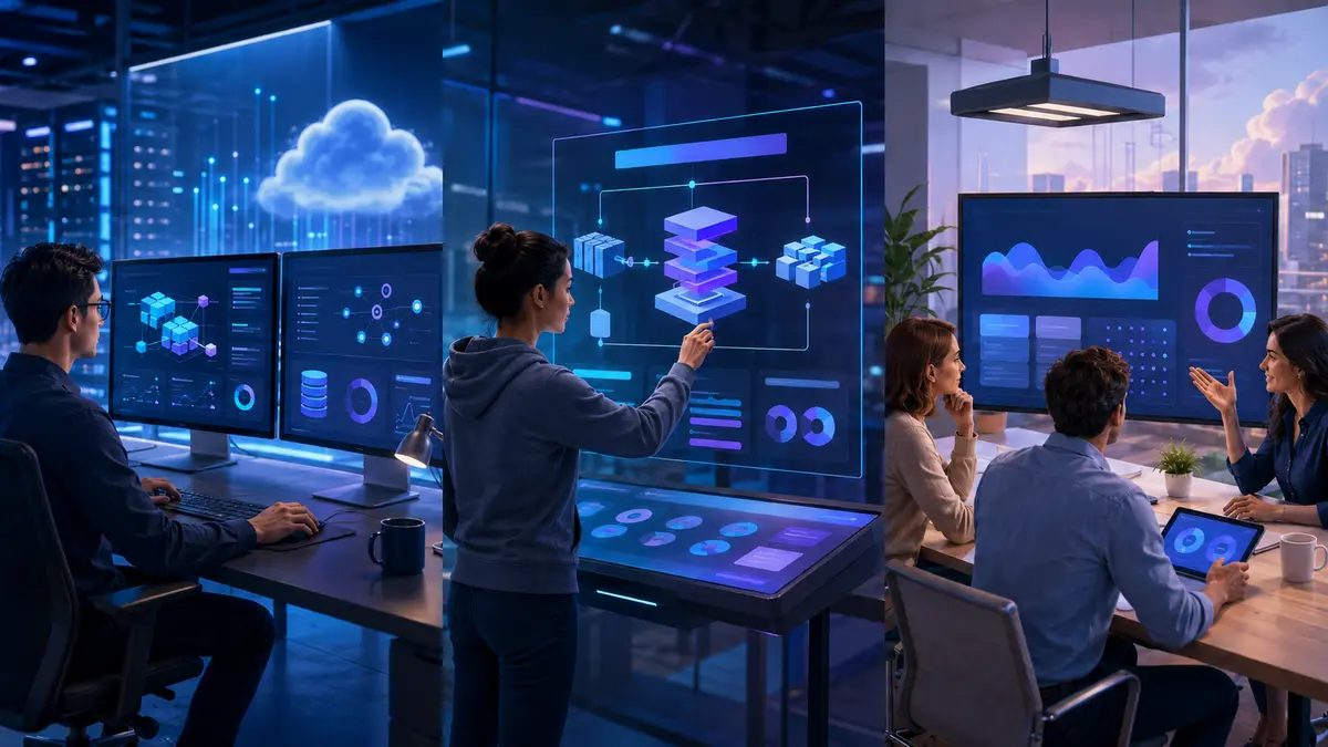 Equipes usando infraestrutura virtual, plataforma de desenvolvimento e software pronto em três cenários