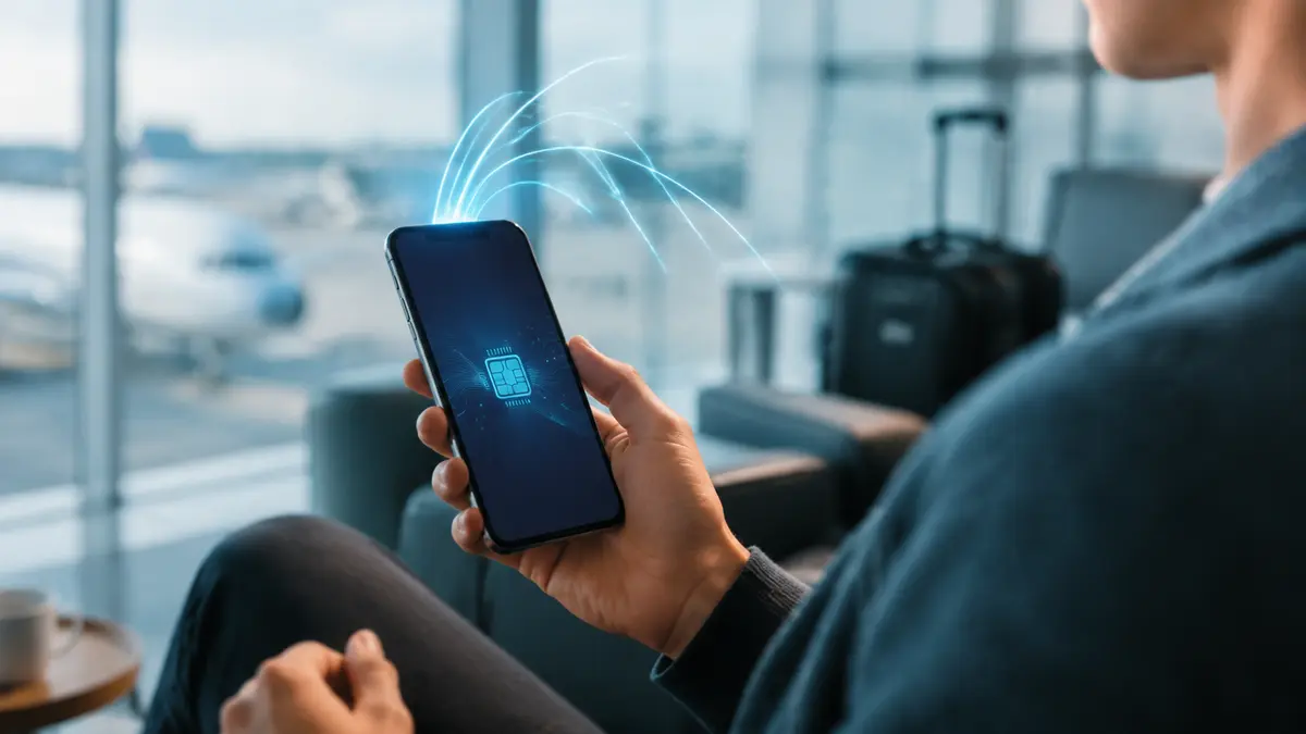 Pessoa ativando um eSIM no smartphone antes de uma viagem