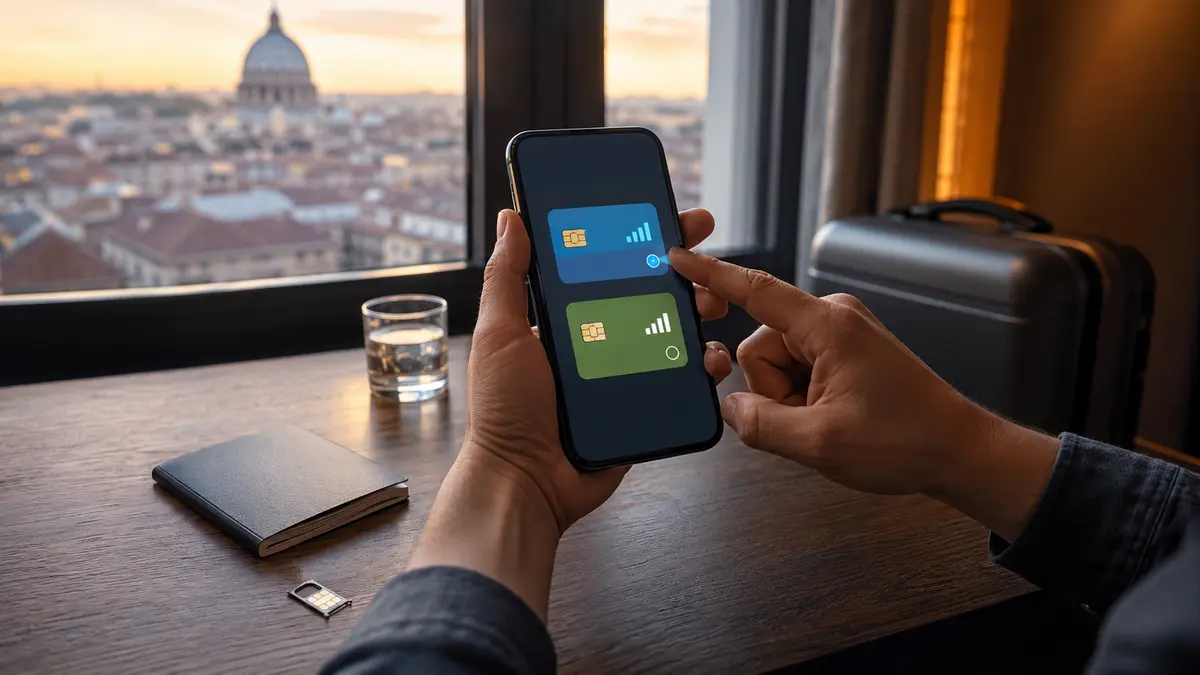 Viajante escolhendo entre dois planos móveis configurados no smartphone