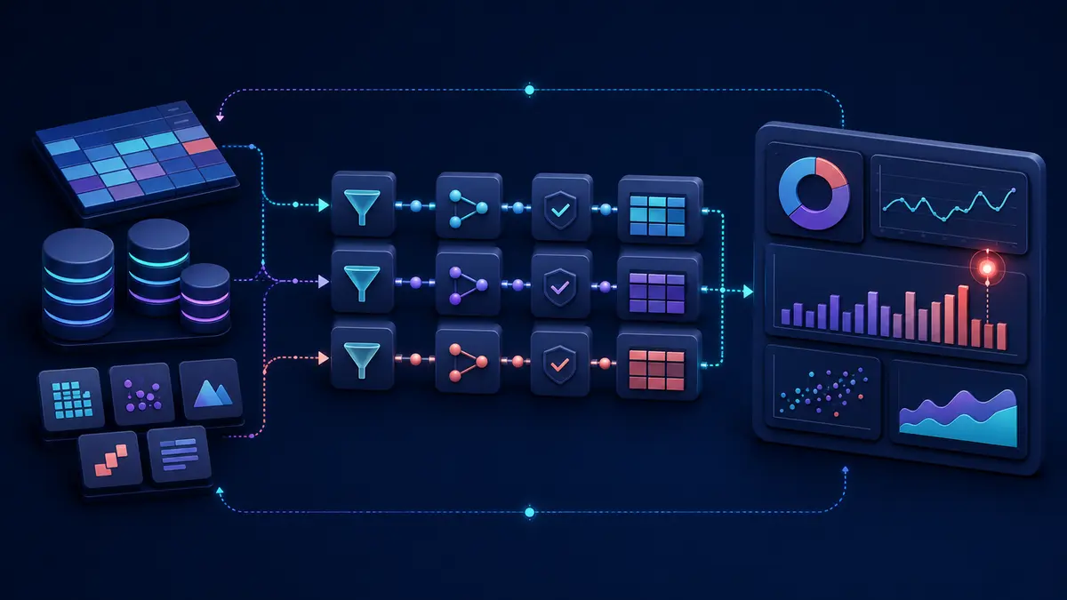 Fluxo que transforma planilhas, arquivos e bancos de dados em um dashboard analítico