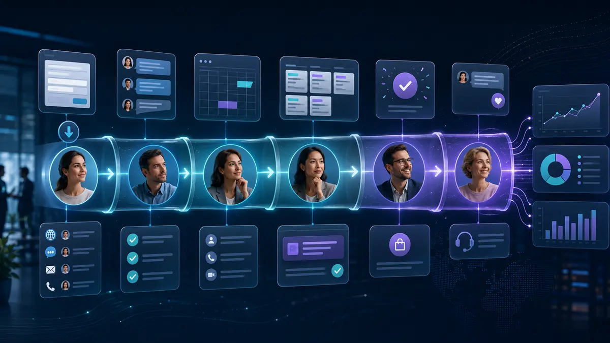 Fluxo conecta captação, qualificação, oportunidade, venda e acompanhamento do cliente