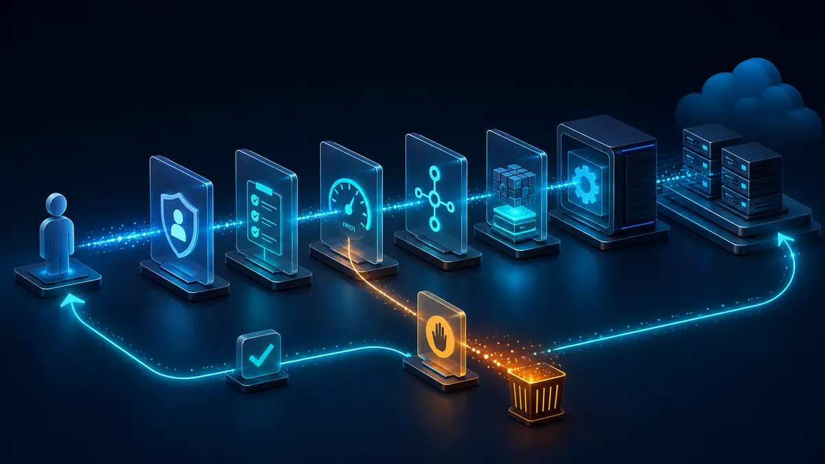 Requisição passa por autenticação, validação, limite de tráfego, roteamento e cache antes de chegar ao backend