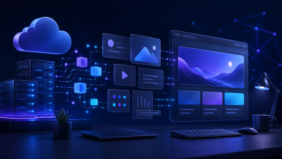 Arquitetura moderna de aplicação web com componentes conectados entre servidor e navegador