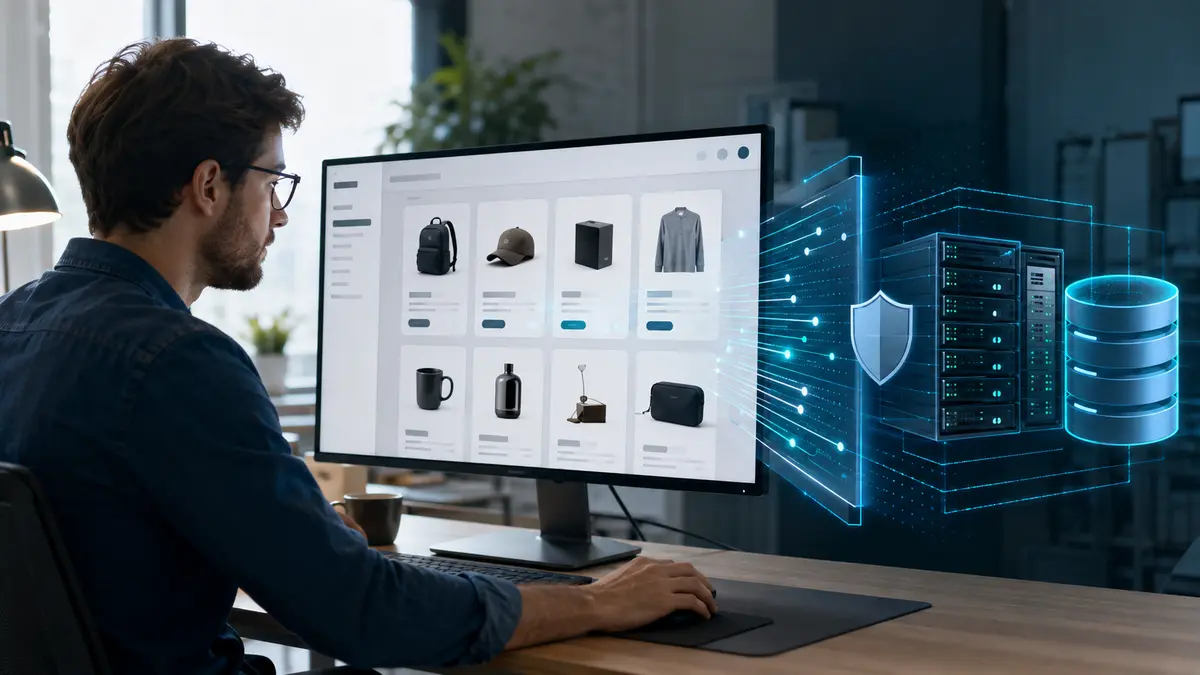 Desenvolvedor testando interface conectada a servidores e banco de dados