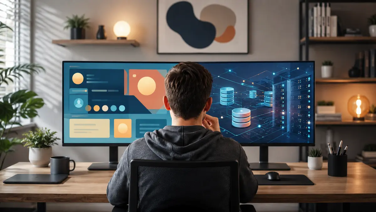 Pessoa comparando uma interface visual com servidores e bancos de dados