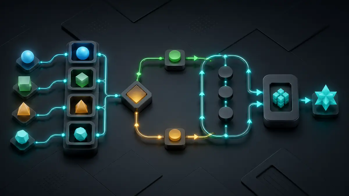 Fluxo visual representa valores, decisões, repetições e funções organizados em uma sequência lógica de programação